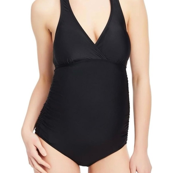 Motherhood Maternity One Piece Swimsuit Size Large Black Halter Ruched Summer - Picture 8 of 8